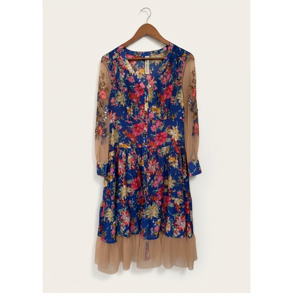 Aratta Silent Journey Floral Mini Dress Mesh Sequin Embroidered Sleeves Tulle